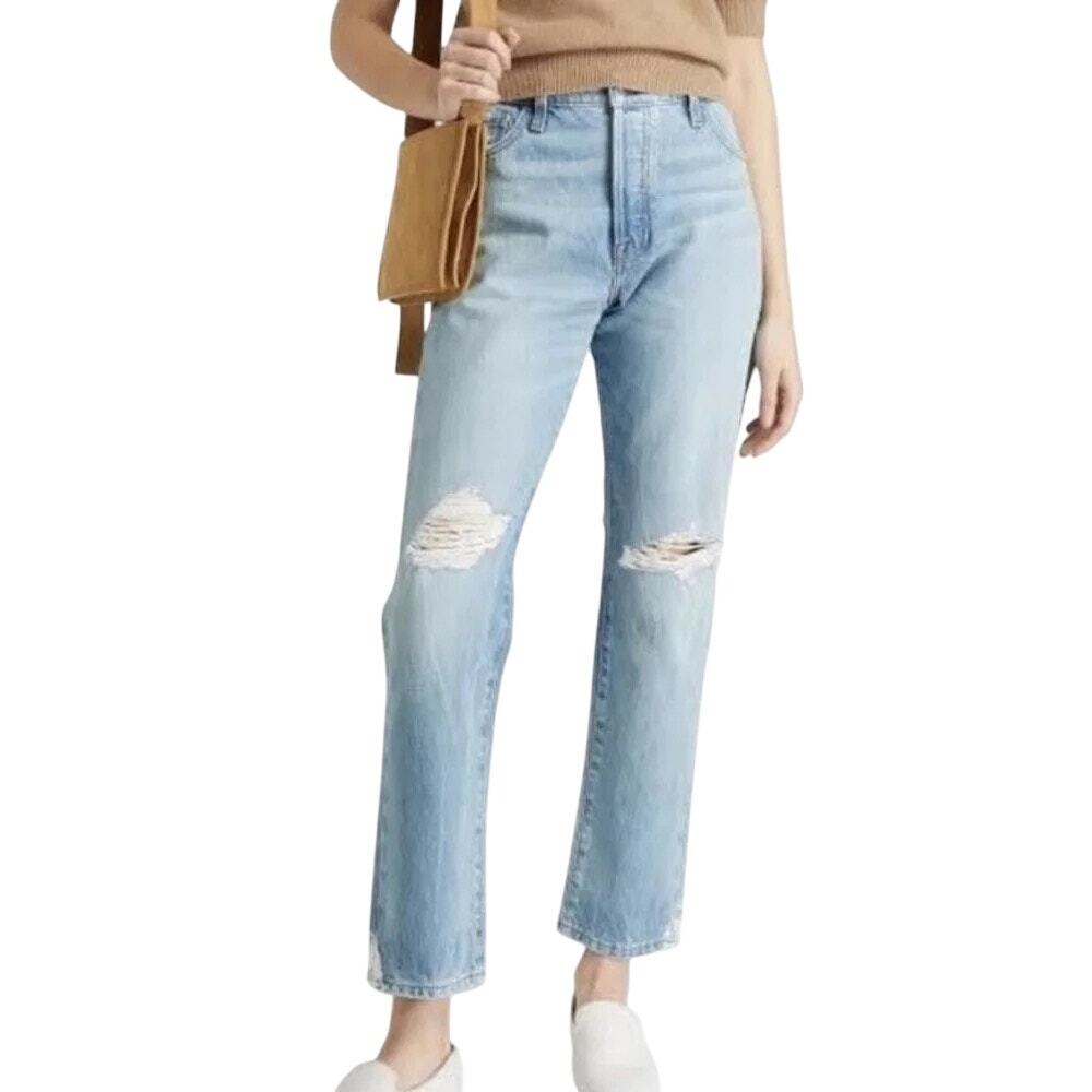 Frame Le Slouch Limelight Button Fly Light Wash Distressed Straight Denim Jeans